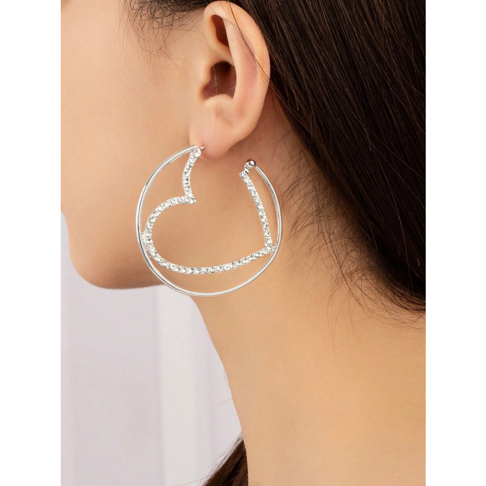 Silver Heart Rhinestone Hoop Earrings for Women Silver Tone..SH